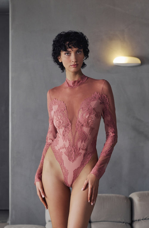 Body à manches longues Bonnie en maille et dentelle rose | Marjolaine lingerie