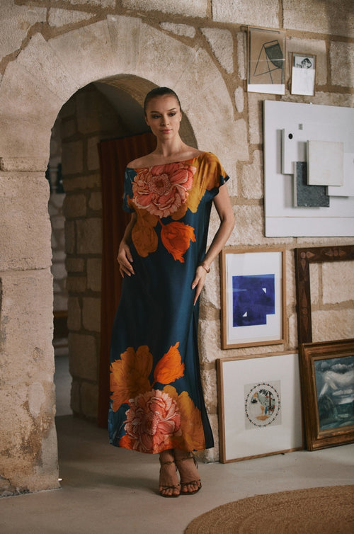 Dahlia long floral silk nightgown | Marjolaine Lingerie