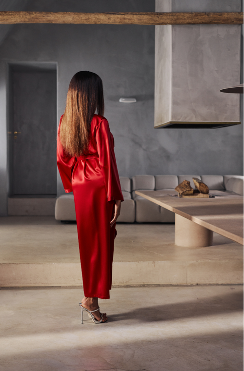 Long negligee in red silk | Marjolaine lingerie