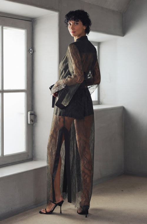 Kimono long en dentelle verte Brooke | Marjolaine lingerie