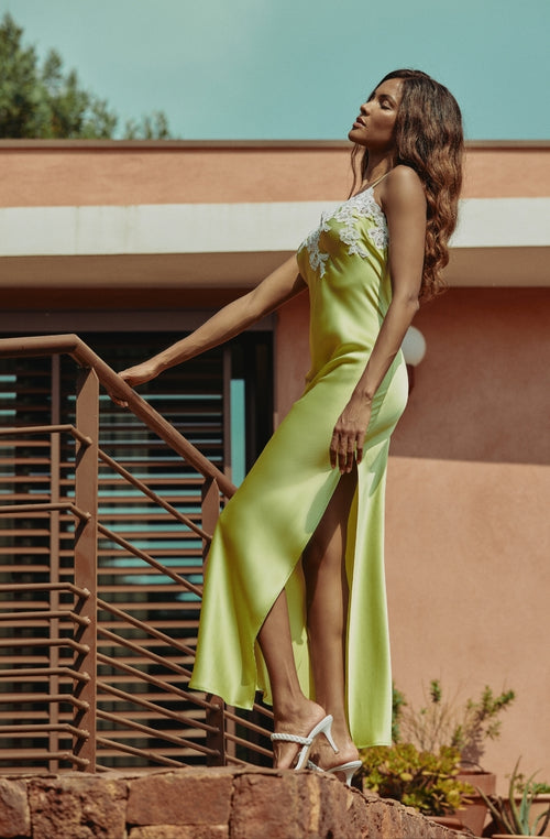 Long green silk chemise with white Carmela embroidery | Marjolaine lingerie