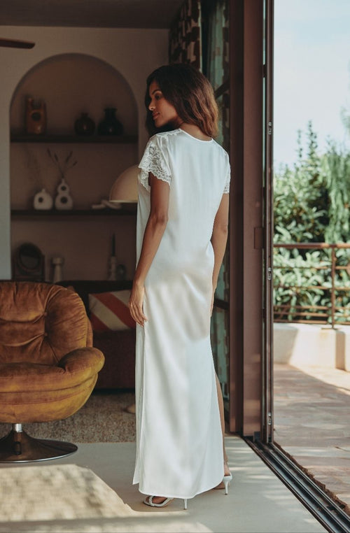 Carmela long white silk and lace nightgown | Marjolaine lingerie