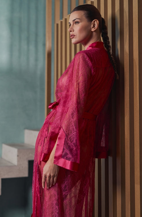 Kimono long en dentelle rose Brooke | Marjolaine lingerie