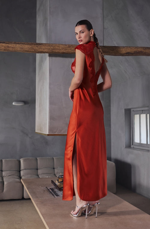 Bonnie Red Lace Bustier Long Nightie | Marjolaine lingerie