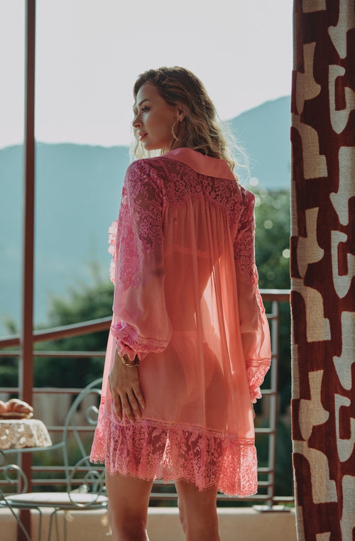 Robe chemise Calista en mousseline de soie et dentelle rose - Marjolaine - 3