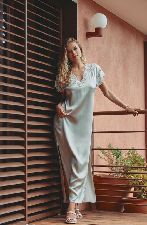 Carmela long grey silk and white lace nightdress | Marjolaine lingerie