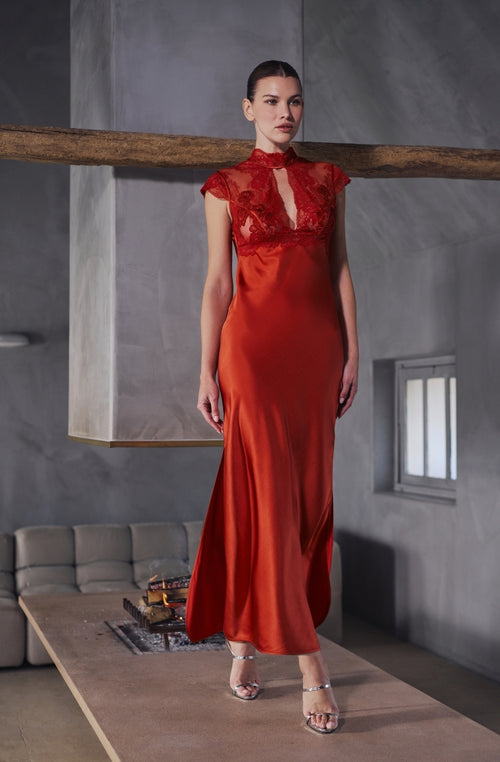 Bonnie Red Lace Bustier Long Nightie | Marjolaine lingerie