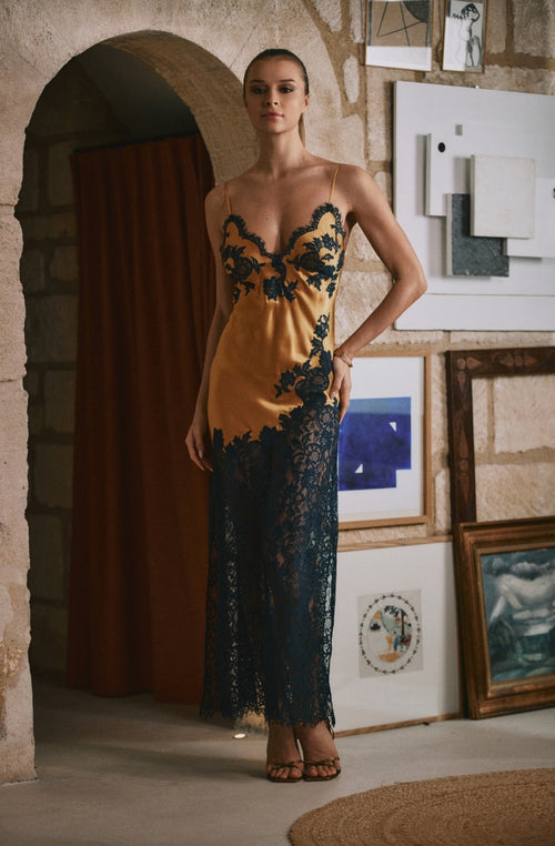 Sophisticated Dahlia long nightie in gold silk and midnight lace | Marjolaine Lingerie