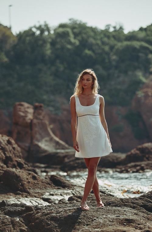 Céleste short dress in cotton fleece and white lace | Marjolaine lingerie