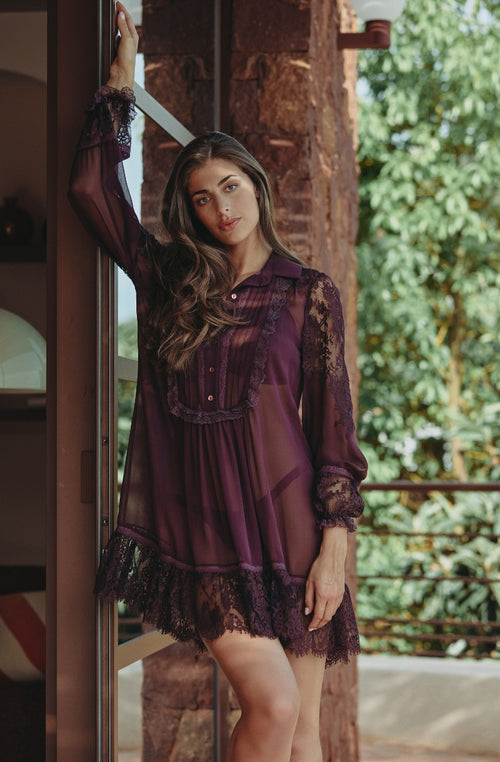 Robe chemise Calista en mousseline de soie et dentelle brun | Marjolaine lingerie