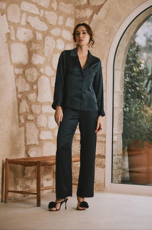 Schwarzer Seidensatin-Pyjama Tess | Marjolaine Dessous