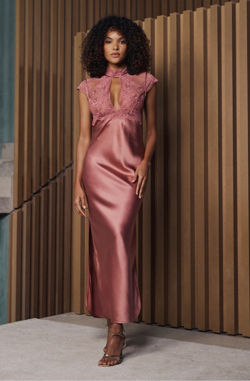 Nuisette longue au bustier en dentelle rose Bonnie | Marjolaine lingerie