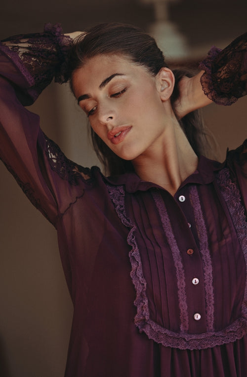 Robe chemise Calista en mousseline de soie et dentelle brun - Marjolaine - 3