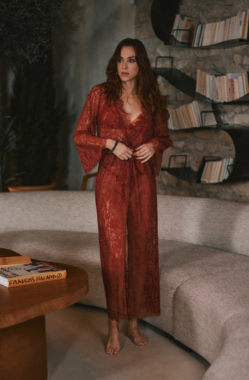 Désirée burgundy lace long kimono | Marjolaine Lingerie