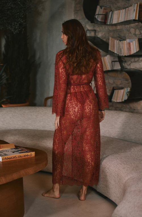 Kimono long en dentelle bourgogne Désirée - Marjolaine - 3