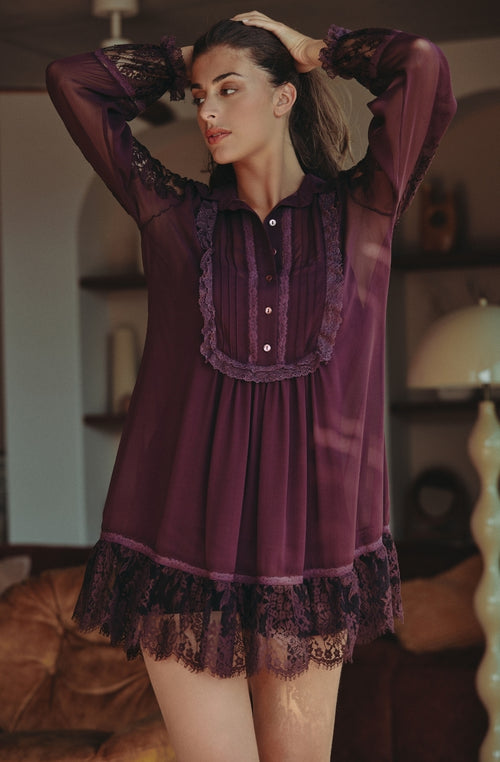 Robe chemise Calista en mousseline de soie et dentelle brun | Marjolaine lingerie