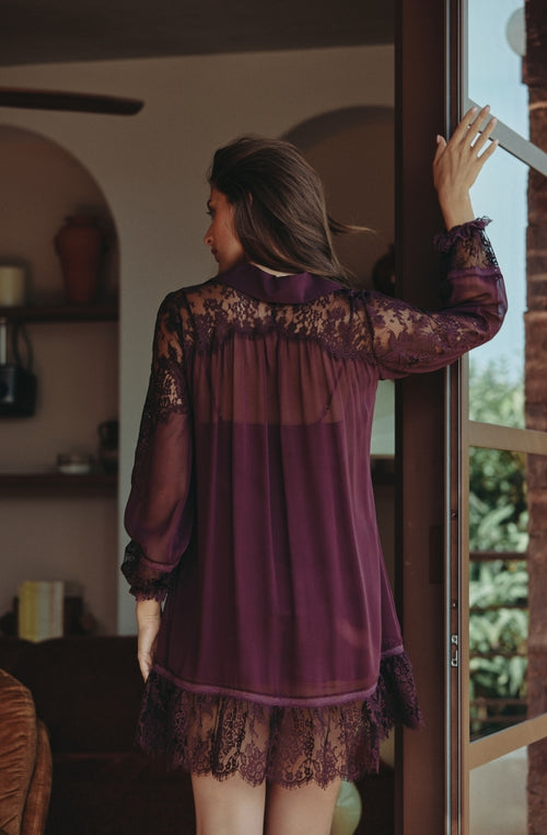 Robe chemise Calista en mousseline de soie et dentelle brun - Marjolaine - 4