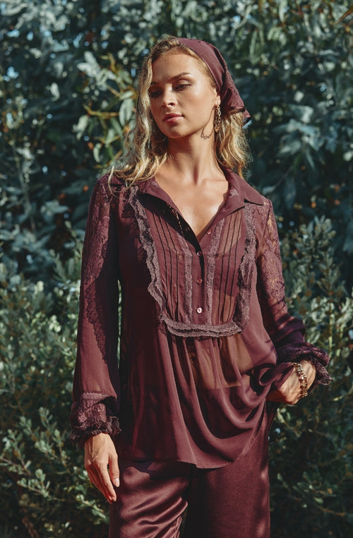 Calista shirt in brown chiffon and lace | Marjolaine lingerie