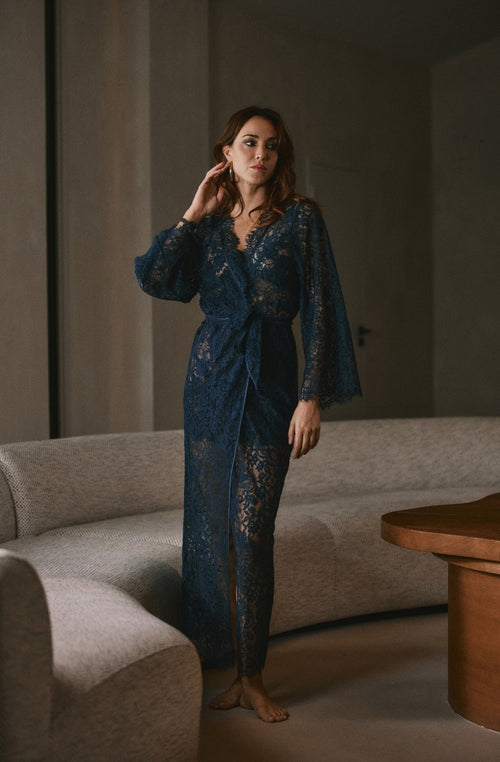 Désirée long blue lace kimono | Marjolaine Lingerie