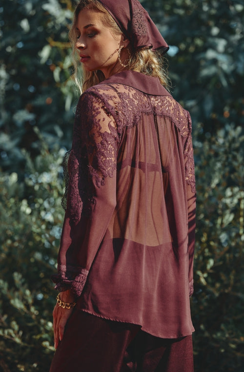 Calista shirt in brown chiffon and lace | Marjolaine lingerie