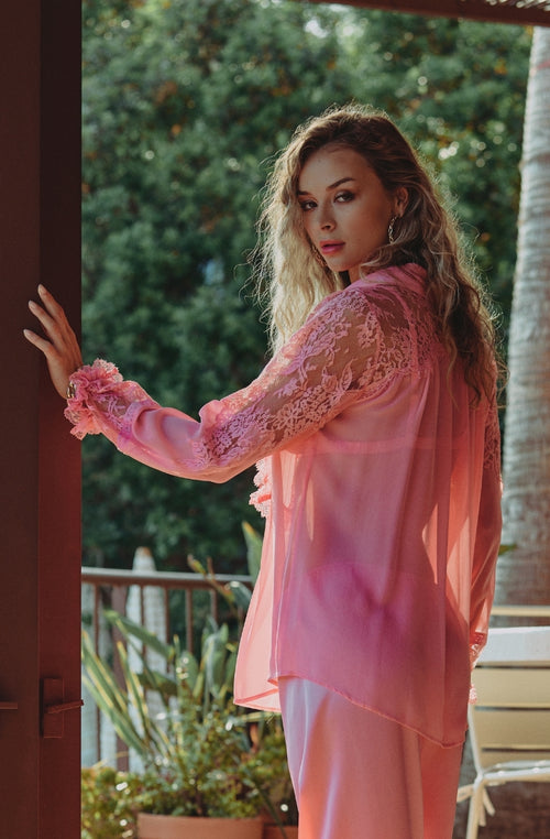 Calista shirt in silk chiffon and pink lace | Marjolaine lingerie