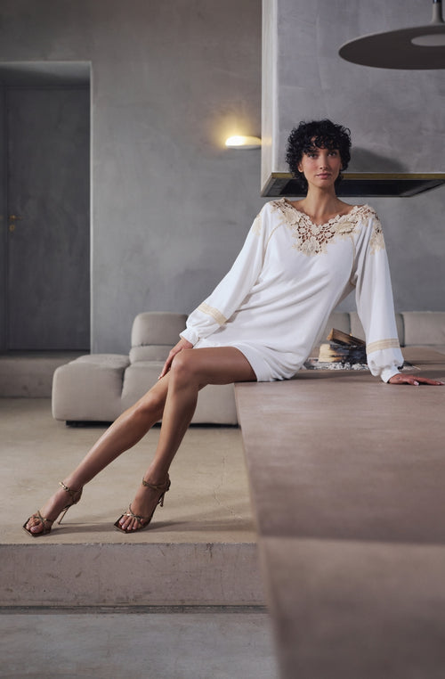 Bianca long-sleeved dress in white cotton fleece and guipure - Marjolaine - 3