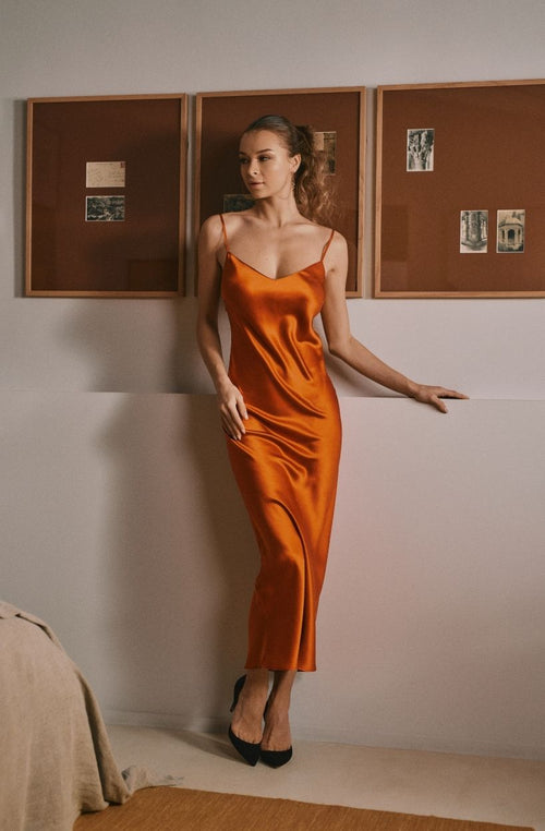 Langes orangenes Seidennachthemd Daniella - Marjolaine - 1