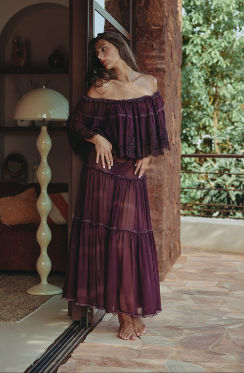 Calista long off-the-shoulder chiffon dress with brown lace ruffle | Marjolaine lingerie