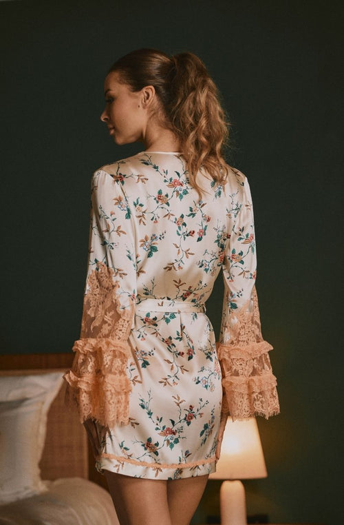 Daisy floral print satin and lace short chemise | Marjolaine lingerie