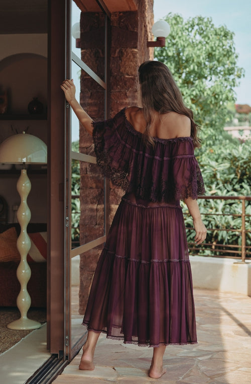 Calista long off-the-shoulder chiffon dress with brown lace ruffle | Marjolaine lingerie