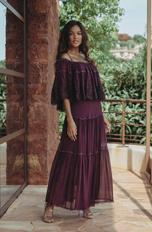 Calista long off-the-shoulder chiffon dress with brown lace ruffle - Marjolaine - 3