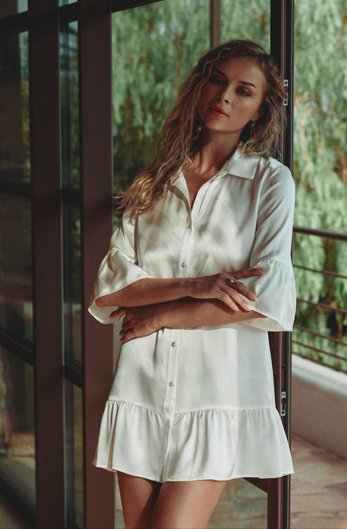 Robe chemise en soie blanche Calista | Marjolaine lingerie