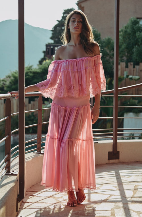 Calista long off-the-shoulder chiffon dress with pink lace ruffle | Marjolaine lingerie