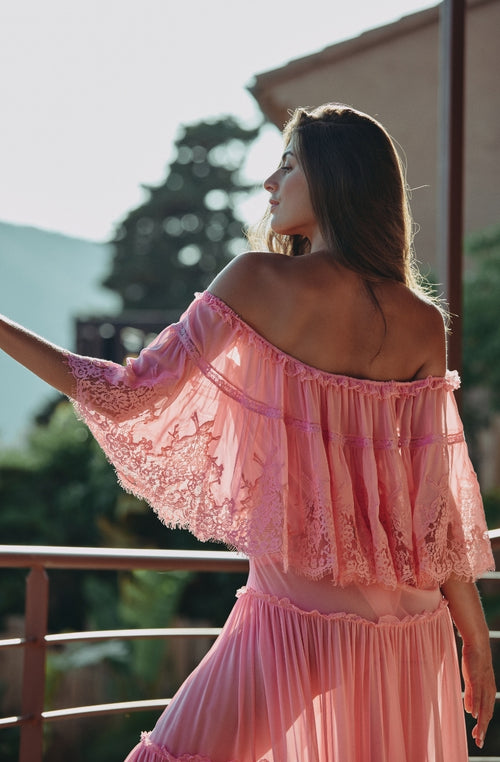 Calista long off-the-shoulder chiffon dress with pink lace ruffle - Marjolaine - 3