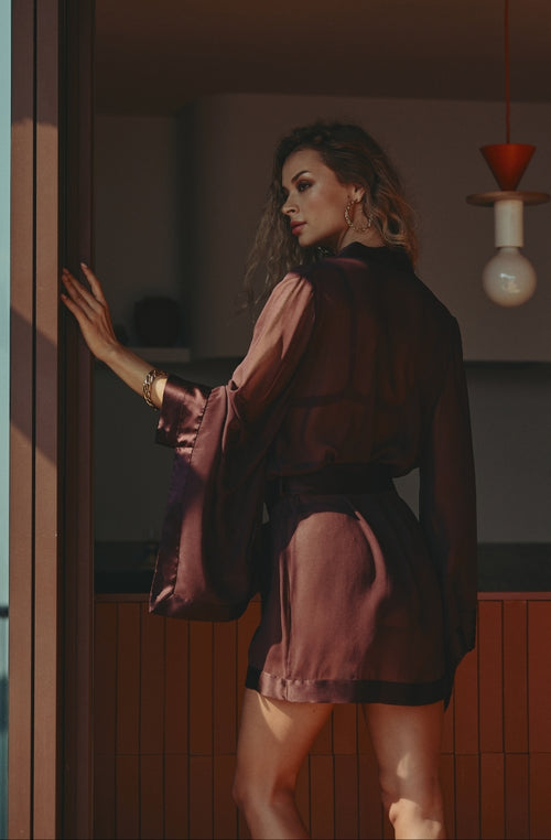 Calista short kimono in brown chiffon | Marjolaine lingerie