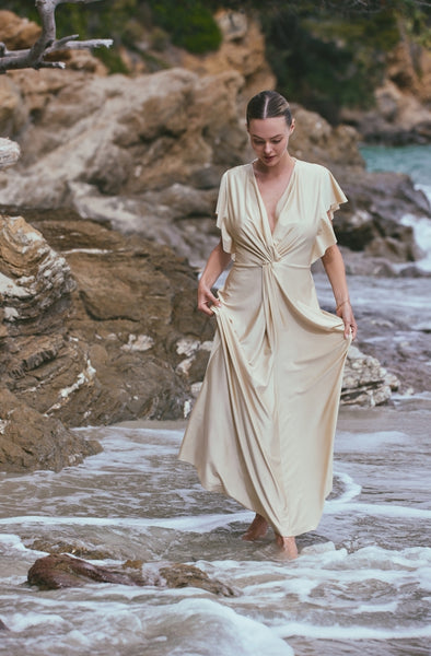 Long beach dress Ambre in beige draped mesh