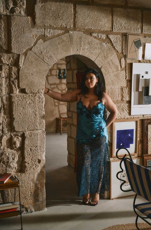 Sophisticated long Désirée nightdress in blue silk and midnight lace | Marjolaine Lingerie