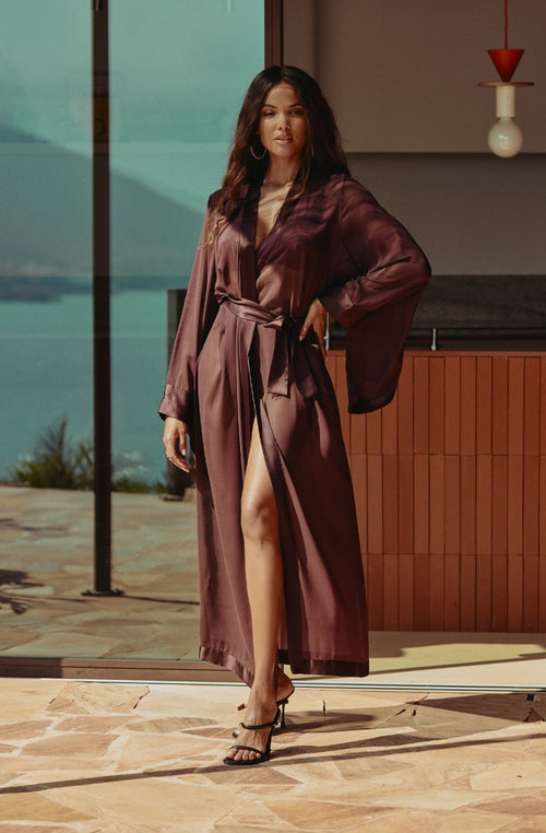 Calista long kimono in brown chiffon | Marjolaine lingerie