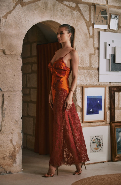 Sophisticated long Désirée nightie in orange silk and burgundy lace | Marjolaine Lingerie
