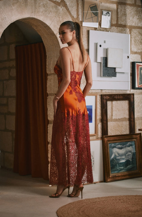 Sophisticated long Désirée nightie in orange silk and burgundy lace - Marjolaine - 3