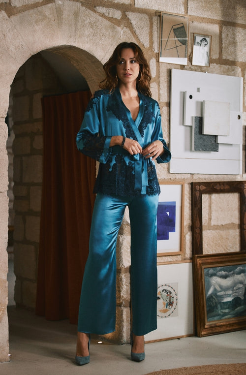 Désirée blue silk and lace pajamas | Marjolaine Lingerie