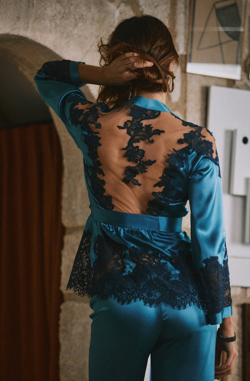 Désirée blue silk and lace pajamas | Marjolaine Lingerie
