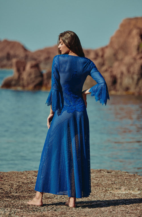 Long blue mesh and lace dress