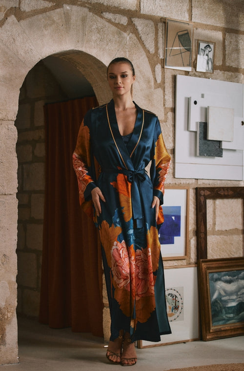 Long silk kimono with Dahlia floral print - Marjolaine - 3