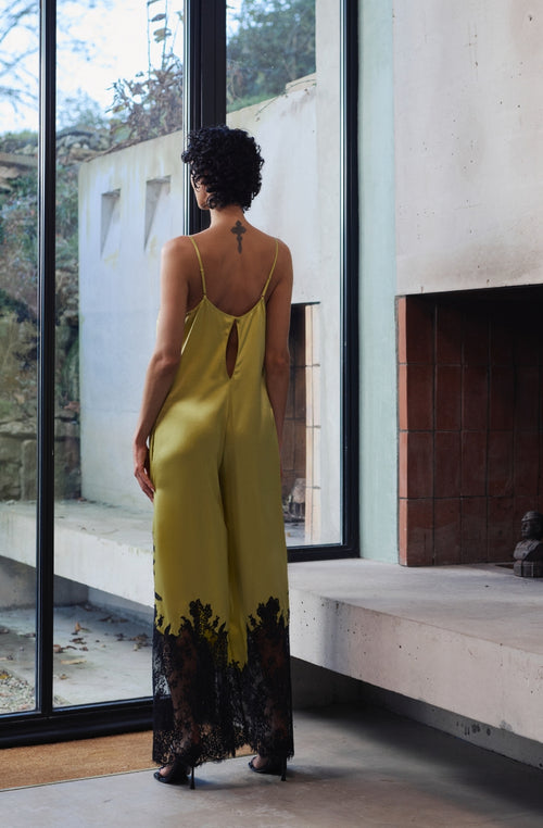 Combi-pantalon Bella en satin de soie jaune et dentelle noire - Marjolaine - 3