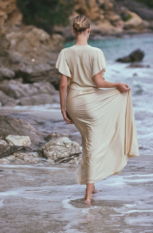Long beach dress Ambre in beige draped mesh - Marjolaine Long beach dress Ambre in beige draped mesh - Marjolaine