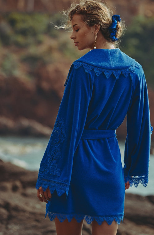 Céleste short cotton fleece dressing gown with blue embroidery - Marjolaine - 3