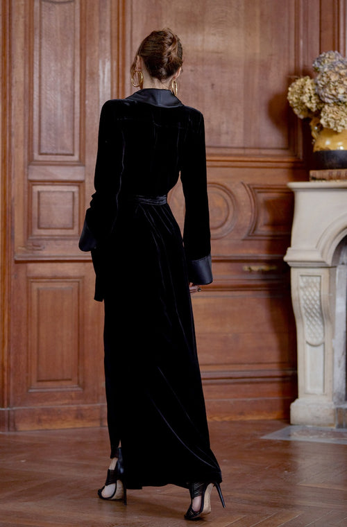 Peignoir long Velvet en velours noir doublé de soie | Marjolaine lingerie