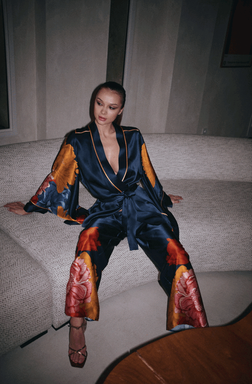 Dahlia floral print silk kimono pajamas | Marjolaine Lingerie