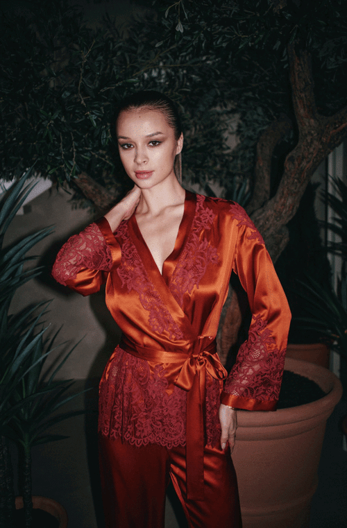Désirée orange silk and lace pajamas - Marjolaine - 1